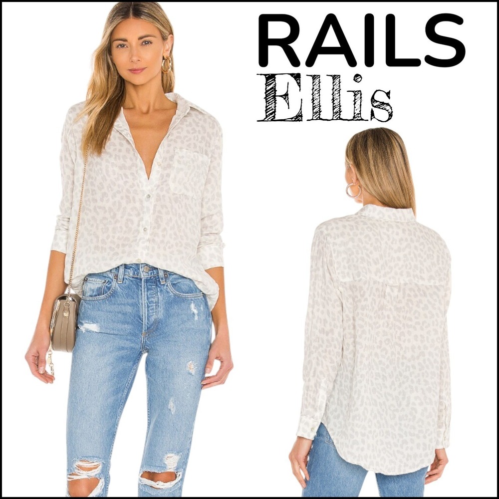 Rails Ellis Top Womens S Cream Grey Jaguar Print Gauze Button Down Shirt Coastal
